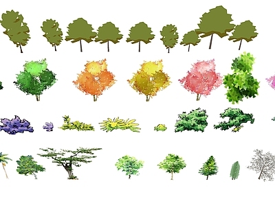手绘插画风植物组合 现代2D手绘乔木
