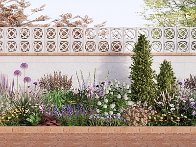 现代花境 庭院花园植物景观 花镜花卉花坛花草 灌木花草组合 锥形常绿灌木 开花灌木