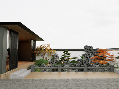 新中式别墅庭院 新中式庭院 凉亭 新中式凉亭 假山鱼池