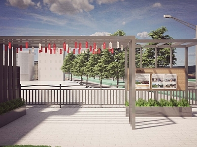 现代简约口袋公园 共建花园 社区公园 自建房建筑 秋千 生态廊架