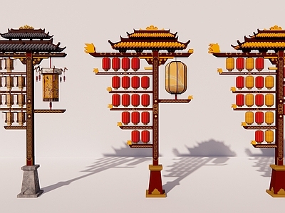 新中式灯笼 景观造型灯笼柱 不夜城灯笼架 休闲街区灯笼美陈 文化旅游街区灯笼 灯笼氛围景观营造