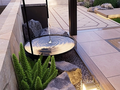 新中式庭院小品 景观小品 水钵 日式旱景 黑山石 操作台