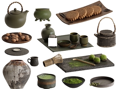 日式禅意茶具 新中式茶具摆件 禅意摆件茶盘茶杯 陶罐茶壶茶叶 月饼核桃茶粉