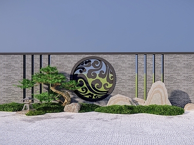 新中式景墙 景墙 新中式 枯山水 罗汉松 置石