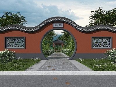 新中式景观围栏 月亮门 景观墙  亭子 公园门