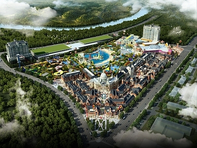 欧式鸟瞰规划 西安乐华城 文旅项目 商业街 游乐场