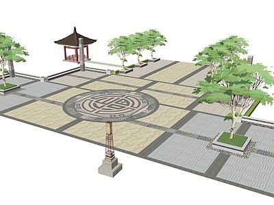 新中式广场景观 景观广场 景观亭 景观灯柱