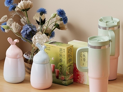 奶油风厨房用品 渐变 保温杯 摆件 杯子 茶包