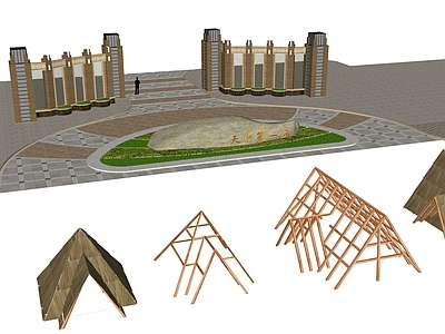新中式入口大门 景观构筑物 大门建筑 草棚 建筑构建