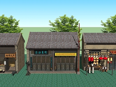中式复古店铺 街道店铺商铺 传统商业街建筑