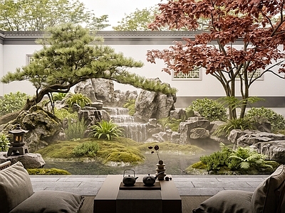 新中式庭院小品 庭院 水景 假山