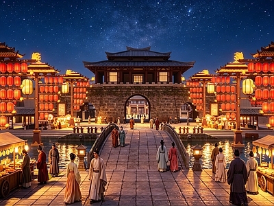 新中式商业街 古城广场夜景亮化 城门广场景观设计 古城不夜城灯笼柱 城门广场护城河 不夜城不夜街