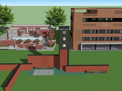 新中式学校建筑 学校红砖建筑 拼花砖建筑 红砖墙建筑