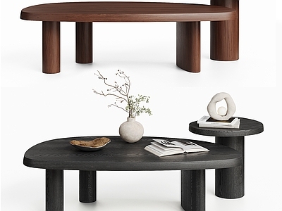 现代简约茶几 CASSINA 侘寂中古风茶几 实木茶几组合 摆件组合花瓶书籍 椭圆形原木茶几
