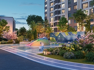 现代简约儿童游乐空间 住宅景观园林景观 儿童游乐场 植物堆大树灌木 灌木塑胶跑道 夜景园区