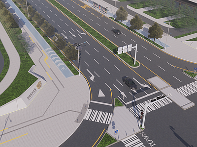 现代极简交通枢纽景观 现代道路景观 市政十字路口 路口公园 甲壳虫汽车 折线