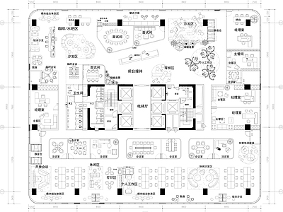 整体办公空间 灵活办公平面方案 图纸 会议室 咖啡茶水吧 经理室