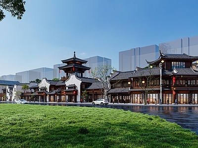 新中式商业街 中式商业街 商业街外立面 古建商业街