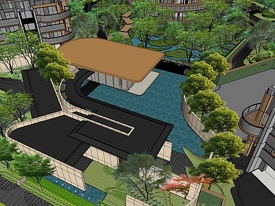新中式售楼处建筑 自然跌水