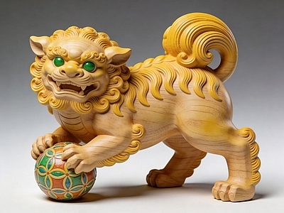 中式雕塑摆件 木雕 狮子 绣球 瑞兽 摆件