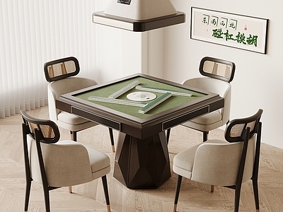 新中式棋牌室 新中式麻将桌椅 藤编靠背棋牌桌椅 黑橡木现代麻将桌 吸烟灯吊灯 豪宅别墅棋牌桌椅