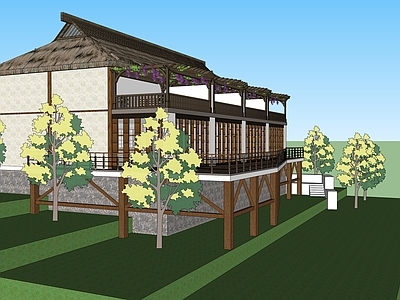 新中式民宿建筑 茅草建筑 民宿建筑