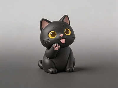 潮玩盲盒风格雕塑摆件 黑猫 舔爪 根付 美陈 摆件