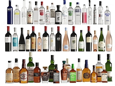 现代简约食物饮料 酒瓶酒杯组合 酒瓶洋酒 白酒日本酒 瓶子容器 玻璃瓶
