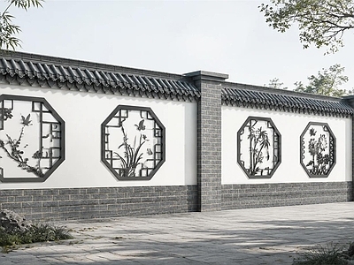 新中式景观景墙 梅兰竹菊文化墙 中式围墙 中式漏窗围墙 小区围墙 中式文化墙