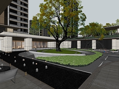 现代主义小区景观 示范区 庭院 水景 廊架