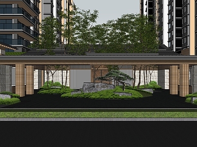 新中式小区景观 入口 廊架 景石