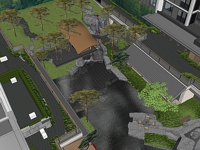 新中式景观小区景观 水院 廊架 水景 景石