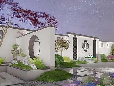 新中式别墅庭院 新中式庭院 新中式景墙 新中式门头 亭子