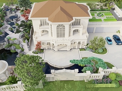 欧式别墅庭院 欧式庭院 欧式亭子 欧式围墙景墙 假山流水