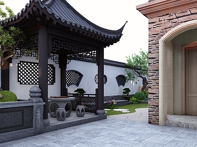 新中式景观别墅庭院 中式庭院 中式大门 中式水景 中式亭子 中式景墙围墙