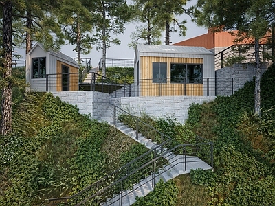现代主义民宿建筑 林间栈道 栈道景观 林中小屋
