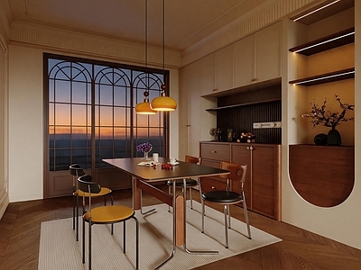 中古风别墅餐厅 复古风餐厅 休闲餐桌椅组合 实木餐边柜组合 吊灯