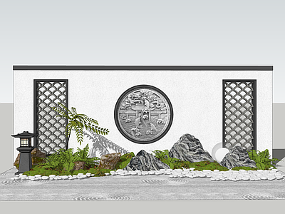 新中式景观庭院小品 中式景墙 庭院小品 中式影壁墙 微地形造景 泰山石
