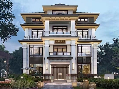 别墅建筑 四层中式别墅图纸