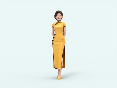 新中式虚拟人物 黄色旗袍 旗袍 旗袍美女