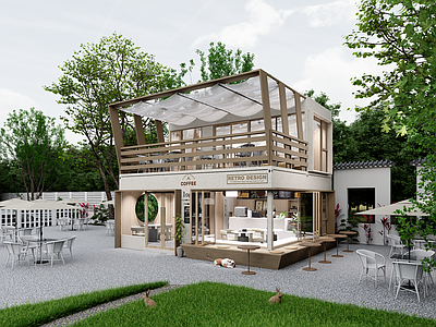 奶油风餐饮建筑 集装箱咖啡厅 休闲营地 网红集装箱 公园景观 奶茶店甜品店