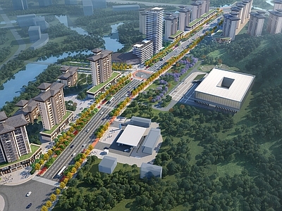 新中式鸟瞰规划 现代道路景观