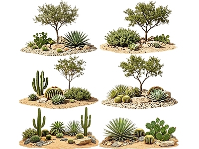 荒漠旱生景观风格沙漠植物 2D仙人掌组合 多肉植物 仙人球 沙漠植物造景 景观植物