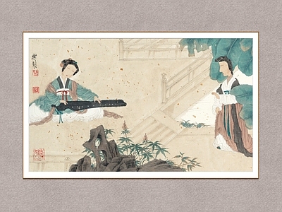 中式挂画 弹琴图 人物画 徐乐乐 装饰画