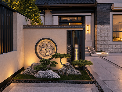 新中式别墅庭院 新中式庭院小品 景墙 新中式景墙 福寿影壁 庭院景观