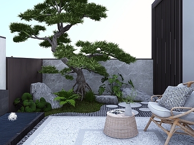 新中式别墅庭院 新中式庭院 新中式景墙 造型松 现代水景 新中式大门