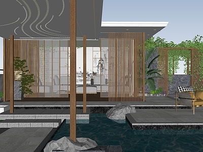 新中式别墅庭院 现代庭院 现代廊架亭子 现代水景 多肉沙生植物 日式水钵雨链