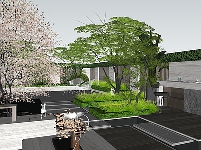 极简主义别墅庭院 现代庭院 庭院现代水景 烧烤操作台 户外卡座软装 庭院植物