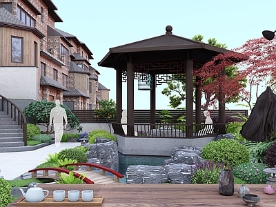 新中式别墅庭院 新中式庭院 新中式亭子茶台 小桥流水 新中式景墙 禅意景观