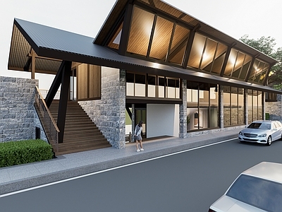 新中式餐饮建筑 网红打卡 咖啡餐饮 上人坡屋顶 河道建筑 传统新中式建筑